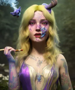 Ultra realistic wonderland photo, happy blonde woman smoking a shisha, blue dress, big purple-cat friend, circus dress style, old school tattoo, smoke, marijuana garden, glow eyes, perfect iris, soft color, highly detailed, unreal engine 5, cinematic, ultra detail, volumetric lighting, high definition.