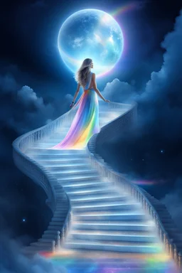 fantastic,Beautiful woman, stairway to heaven whit rainbow, ufos arc en ciel futuriste très beau