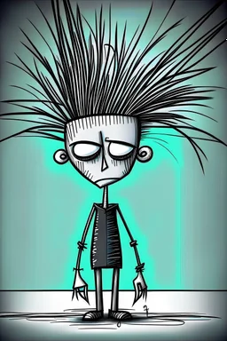 2d drawing of a stickman, cool with punk hair, x eyes like in hangman, looking sleepy, 3d realistic in colour