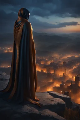 The old female Shadow of Death. frightening. Horror. standing on a hill watching a medieval city. fantasy art, blue and orange, gold, silver, copper, marble Cinematic lighting, Volumetric lighting, Epic composition, Photorealism, Very high detail, Character design, Unreal Engine, Octane render, HDR, Subsurface scattering