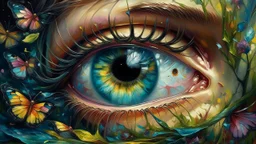 Surreal close-up of huge luminous eyes, multi-colored butterflies fluttering inside the iris, crystalline reflections in the pupil, long eyelashes like delicate branches, oil paint texture with visible brushstrokes, classical art gallery atmosphere, ornate gilded frame, magic realism style