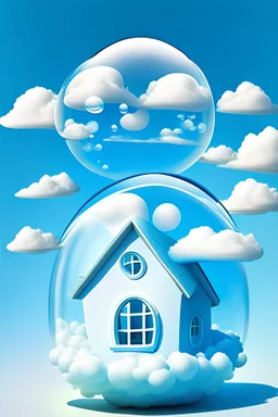 (Bubble house, small house made of tiny bubbles, cartoon style, above the clear white blue clouds