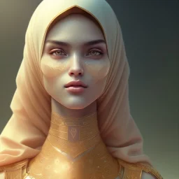 Arab young woman ,Arabic features، cute, beautiful, black eyes,Natural contours, real skin ,Modest Arabic style dress، head and shoulders portrait, cinematic, 8k, resolution concept art portrait by Greg Rutkowski, Artgerm, WLOP, Alphonse Mucha dynamic lighting hyperdetailed intricately detailed