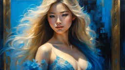 In Casey Baugh's evocative style, art of a gorgeous young smiling asian woman full body with long blonde hair, blue eyes , beautiful chest, and ass, futuristic, transparent blue lace, elegant, highly detailed, majestic, Baugh's brushwork infuses the painting with a unique combination of realism and abstraction, greg rutkowski, surreal gold filigree, broken glass, (masterpiece, sidelighting, finely detailed beautiful eyes: 1.2), hdr, realistic painting, natural skin, textured skin,