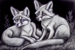 twilight descends, sly and clever foxes and their nocturnal adventures - Pencil drawing, realistic, graphite