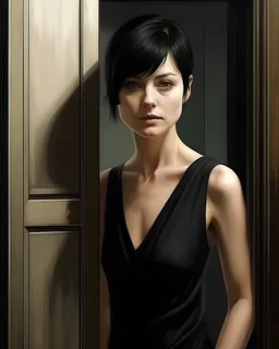 Realistic beautiful women in a black dress, short black hair, door, natural colors