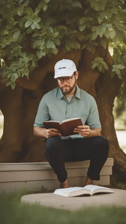 A man wearing a white Dad Hat, wearing glasses, and reading with a tree behind him, high resolution