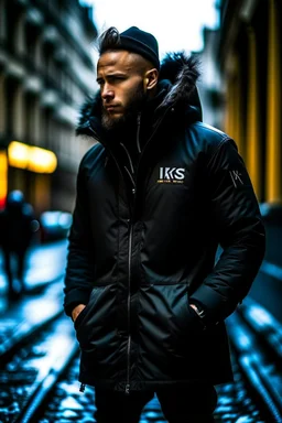 Men's coat black that has fur and contains the word jiks