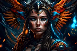 beautifull GIRL PRETTY FACE, an Aztec warrior QUEEN , FIGHTER, FREE WRESTLING , WARRIOR GIRL, PRETTY EYES highly detailed face, multicolored eyes , multicoloured hair, long hair, STARS GALAXY background, 4k, high resolution, CONCEPTUAL ART, CINEMATIC, PHOTO HD, MYSTIC, GHOTIC ART, ANGEL BIG LONG WINGS METAL CYBER, HIGH RESOLUTION, TATTOOS, FIRE SNAKE, PIRAMIDES,