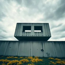 Fotografia di una struttura architettonica di cemento, probabilmente una parte di un edificio. L'immagine è in colori tenui, il che aggiunge una sensazione di austerità e desolazione. La parte superiore ha aperture rettangolari che sembrano finestre, mentre la parte inferiore mostra il muro con segni di deterioramento e fori. Il cielo sopra è plumbeo e minaccioso, con nuvole dense che danno drammaticità alla scena. Macchie gialle sul terreno con dettagli molto accentuati