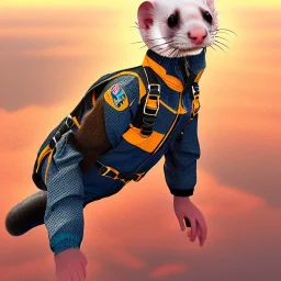 ferret wearing jumpsuit and parachute, skydiving, sunlit sky, intricate, ultra-fine detailed, 8k, detailed matte, high-quality, 3d, realistic, midjourney style