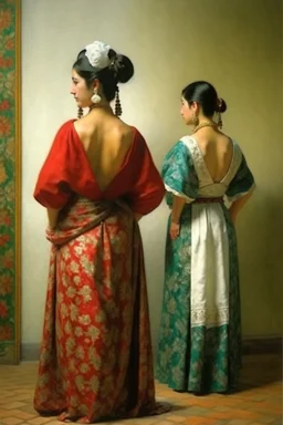 2 mexican woman painting neoclassism standing from the back whole body zoom out