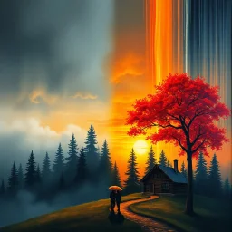 A cinematic, atmospheric oil painting landscape split between cool misty blue-gray tones on the left and warm golden-orange sunset hues on the right. A vibrant red tree glows on the right side like flames against a dramatic sky. Cascading vertical color streaks evoke a surreal waterfall effect. In the foreground, two small human figures walk side-by-side under a shared umbrella on a winding path, conveying intimacy and warmth. A rustic wooden cabin nestled among dark evergreen trees anchors the