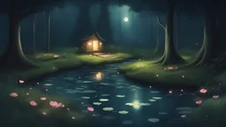 Paisaje que muestra un estanque mágico escondido en lo profundo del bosque, es una lluviosa noche, hay peces que brillan con la luz de la luna y hay algunas luciérnagas que rodean el paisaje.