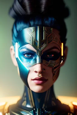 Cyborg warrior, waist up portrait, 8k resolution, intricate details, ornate details, soft lighting, vibrant colors, retroanime, masterpiece, intricate eyeliner, dark eyeshadow, eyes, facepaint, wild hair, intricate tattoos, jungle background, blue hair
