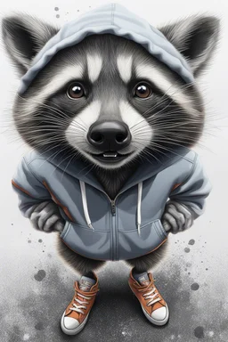 A cheeky raccoon, streetwear, hoody, sneakers,attitude,white background, 2d flat animation Drawing, wide view from below