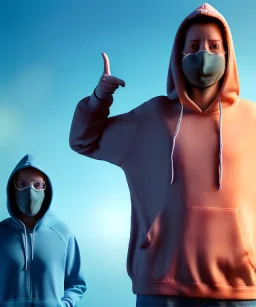 Realistic image, waist up view, a guy making the fuck you gesture with his hand, blue smoke coming out of his eyes, nose and mouth. inflatable hoodie shelter Happy, smile, soft color, highly detailed, unreal engine 5, ray tracing, RTX, lumen lighting, ultra detail, volumetric lighting, 3d, finely drawn, high definition, high resolution.