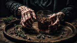 close up photo from an old woman's wrinkled hands holds one brown herb water in vintage water glass with , thriller, sinister , old witch interior, dark mood, perfect photo