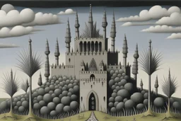 A gray fortress with spikes designed in Mehndi design painted by Henri Rousseau