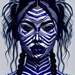 Create an optical illusion of black and white wavy lines forming the face of a young apache native woman with blue lipstick on her lips, touches of white and blue paint on her face, striped mask, highly detailed drawing, point of departure, anime, wildlife photography, drawing, art Conceptual, lively, fashion, cinema, 3D rendering