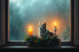 A wide, cinematic digital painting viewed from outside a large rain-covered window. A cat sits inside on a broad windowsill, nestled in a flower-filled planter box and partially wrapped in a colorful blanket. Raindrops streak and bead on the glass, some shaped like delicate teardrops. The cat gazes out with calm curiosity. Behind it, warm candlelight or a soft amber lamp glows, casting golden light on the cat’s fur. The wide window frame allows space on either side, creating a peaceful, balanced