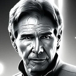 8K space background with stunning photo realistic detailed head to waist portrait of harrison ford as han solo in star wars with photo realistic short hair by Luigi Lucioni, Sharp focus, brown eyes, weathered skin,space jacket from star wars, cinematic lightning