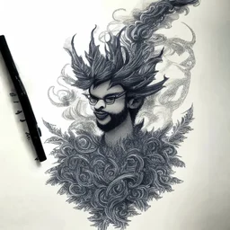 Pencil Sketch a composition where smoke transforms into a mythical creature, intertwining with intricate patterns formed by crushed weed leaves, creating a visually captivating and balanced artwork.