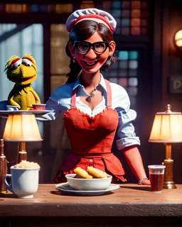 waitress woman with muppet mask that covers her entire head, retro style, Sesame Street style, smooth, unreal engine 5, god lights, ray tracing, RTX, lumen lighting, ultra detail, volumetric lighting, 3d.