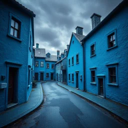 Fotografia di strada assurda e falsa orripilante blu weirdcore dai colori vivaci. Fantasy land. Escher. Non luogo falso, inusuale. Max Ernst. Le case sono false e dipinte di nero chiaro con cose stilizzate e dettagli. Ci sono finestrelle false quadrate, che danno un senso distopico e molto surreale, disposte in modo casuale. L'atmosfera generale sembra noiosa e onirica, con un contrasto tra elementi reali ed elementi dipinti falsi, René Magritte, oddest things