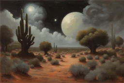 cloudy Night, mistery and enigmatic influence, sci-fi, concept art, rocks, vegetations, rocky arid land, people, 80's space science fiction movies influence, jenny montigny, rodolphe wytsman, and pieter franciscus dierckx impressionism paintings