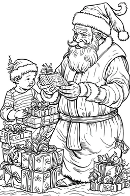 Christmas coloring page with Santa Claus giving children special gifts, a bold ink line sketch drawing illustration.