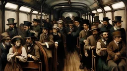 The image shows a third class carriage crowded with working class people based on the style of Honore de Daumier