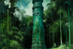 A bluish green tower in a toxic jungle painted by Auguste Rodin