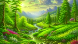 full light, trees, river, sky, idyllic forest with bright flowers, mountains, flowers, a small river, big scene, heavenly atmosphere, detailed painting, fantasy, intricate details, clear, delicate picture