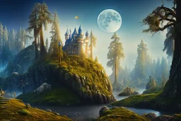 big dreamcastle stand on a rock, forest, night, moon, 8k resolution, high-quality, fine-detail, intricate, fantasy art, detailed matte, volumetric lighting, illustration, 3D