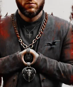an abstract painting of rusted wood and ravens, Viking style, 8K, a Highly detailed stunning portrait of Dom man holding a submissive woman by the chain, realistic face, white suit, beard, and short hair, bad boy