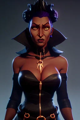 Pam Grier as evil queen in black leather, leather, busty, cleavage, angry, stern look. character design by cory loftis, fenghua zhong, ryohei hase, ismail inceoglu and ruan jia. unreal engine 5, artistic lighting, highly detailed, photorealistic, fantasy