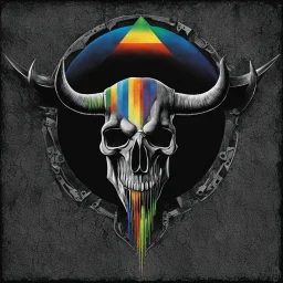 Iconic Pink Floyd's "dark Side of the Moon" album cover retrofitted for Danzig, color spectrum going through Danzig's bull skull logo, by George Hardie, sinister, heavy metal, dark color spectrum.