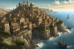 a large fantasy seaside metropolis, realistic artstyle, large castle on a hill near the coast, correct perspective, king's landing, constantinople, bird's perspective