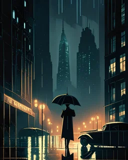 An atmospheric, noir-style illustration of a rainy cityscape at night, featuring glowing streetlights reflecting off the wet pavement, towering Art Deco skyscrapers, and a mysterious figure holding an umbrella, evoking a sense of intrigue and timelessness.