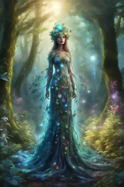 forest woman, video game style, full body view, a mystical forest, At the center of the painting stands the beautiful Nature Woman, a striking figure of ethereal beauty, The beautiful woman is adorned in a gown made of living flowers and leaves, The gown shimmers with a soft, iridescent glow, luminism, 3d render, graffiti art, splash art, street art, spray paint, oil gouache melting, acrylic, high contrast, colorful polychromatic, ultra detailed, ultra quality, CGSociety