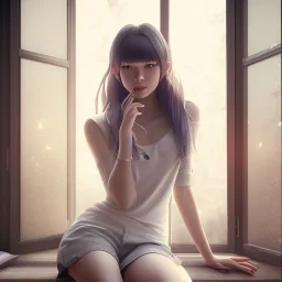 female student studying by the window, anime style,perfect face, cool face, ultra detail, unreal engine 5, cinema4d, sun light, studio lighting --ar 1:1 --v 4