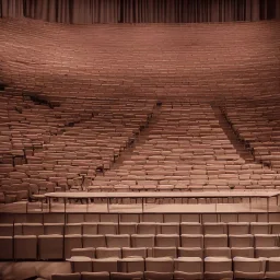 on a huge stage of an auditorium, under the bright spotilght, stands a tiny empty wooden chair