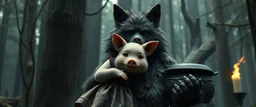 bad hairy chest wolf carrying a lovely scared wtf are you up to, Korean pig girl with dress under his arms, big cauldron in the background in the style of fallout 4, in magical black forest