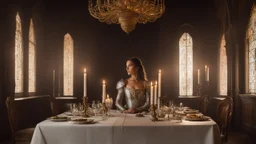 In the dining room of the large castle, she sits alone in a linen dress at the grand table. The flickering candlelight casts dancing shadows across the walls. Her eyes are drawn to a majestic statue mounted on the wall, depicting a woman clad in armor, strikingly similar to herself. The intricately carved features of the armored woman seem to gaze back at her, as if urging her to embrace her destiny.