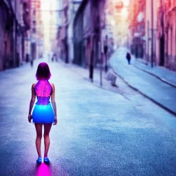 Beautiful lonely girl who walks along a street without people at dawn. You see her from behind. She wears a very short blue dressed. She has pink short hair with glowing crystals. Full body, 8k resolution concept art. Professional Photo HD. Stylish. Warm vivid colors. Panoramic