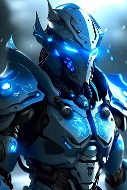 Warforged Cybernetic infiltrator medieval armor with blue lightning energy with pointed horns