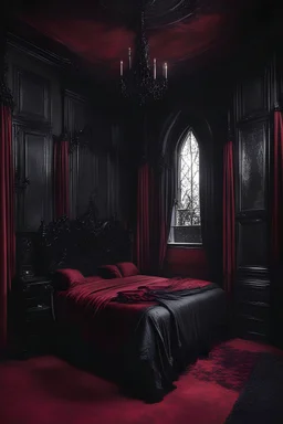 dark red, black, goth, bedroom, vampire vibe, darkly, castle vibe, old, royal, big bed, minimalism