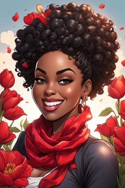 Create a comic book cartoon art style image of a curvy black female looking down with a smile on her face. Prominent makeup with hazel eyes. Highly detailed messy curly bun with a hair scarf on her head with large red tulip flowers surrounding her. 2k