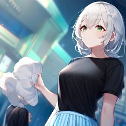 Clear focus, High resolution, light grey short hair, dark green eyes, wearing a black t-shirt and blue skirt, fluffy hair